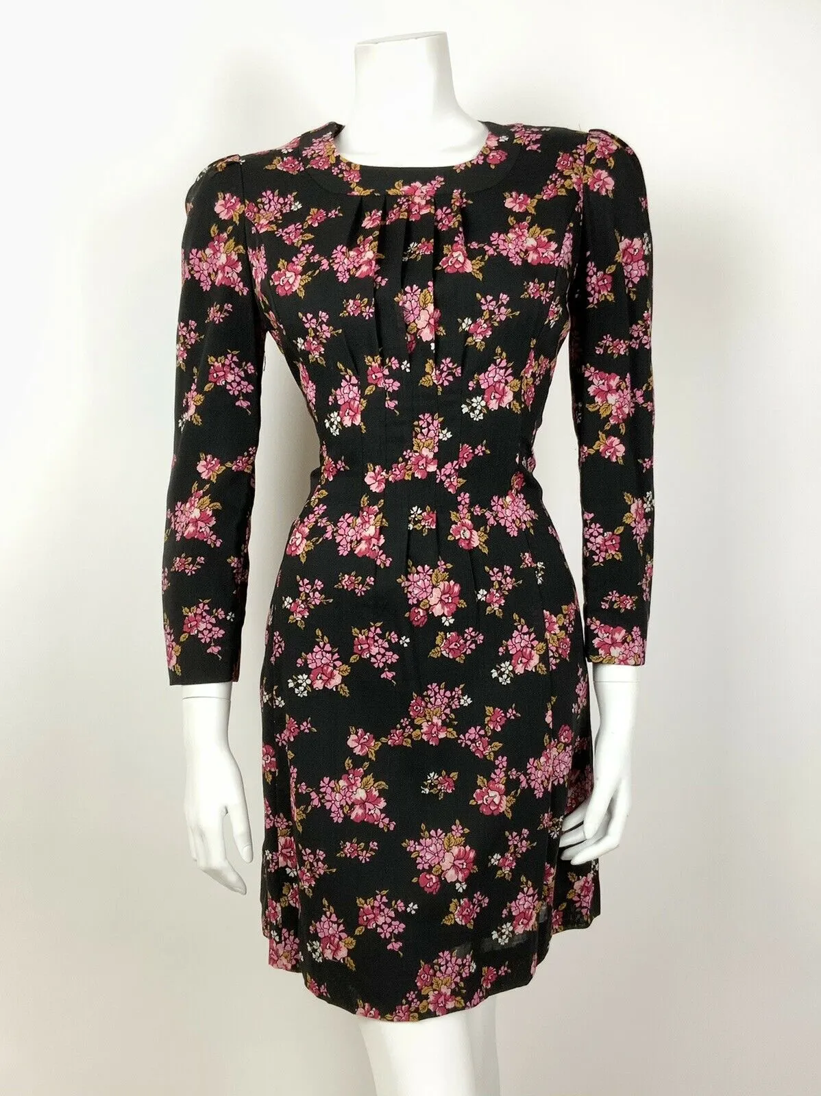 VINTAGE 60s 70s BLACK PINK GOLD FLORAL ROSE PLEATED SHORT DRESS 12 14