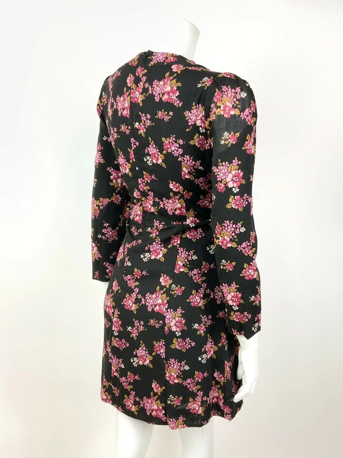 VINTAGE 60s 70s BLACK PINK GOLD FLORAL ROSE PLEATED SHORT DRESS 12 14