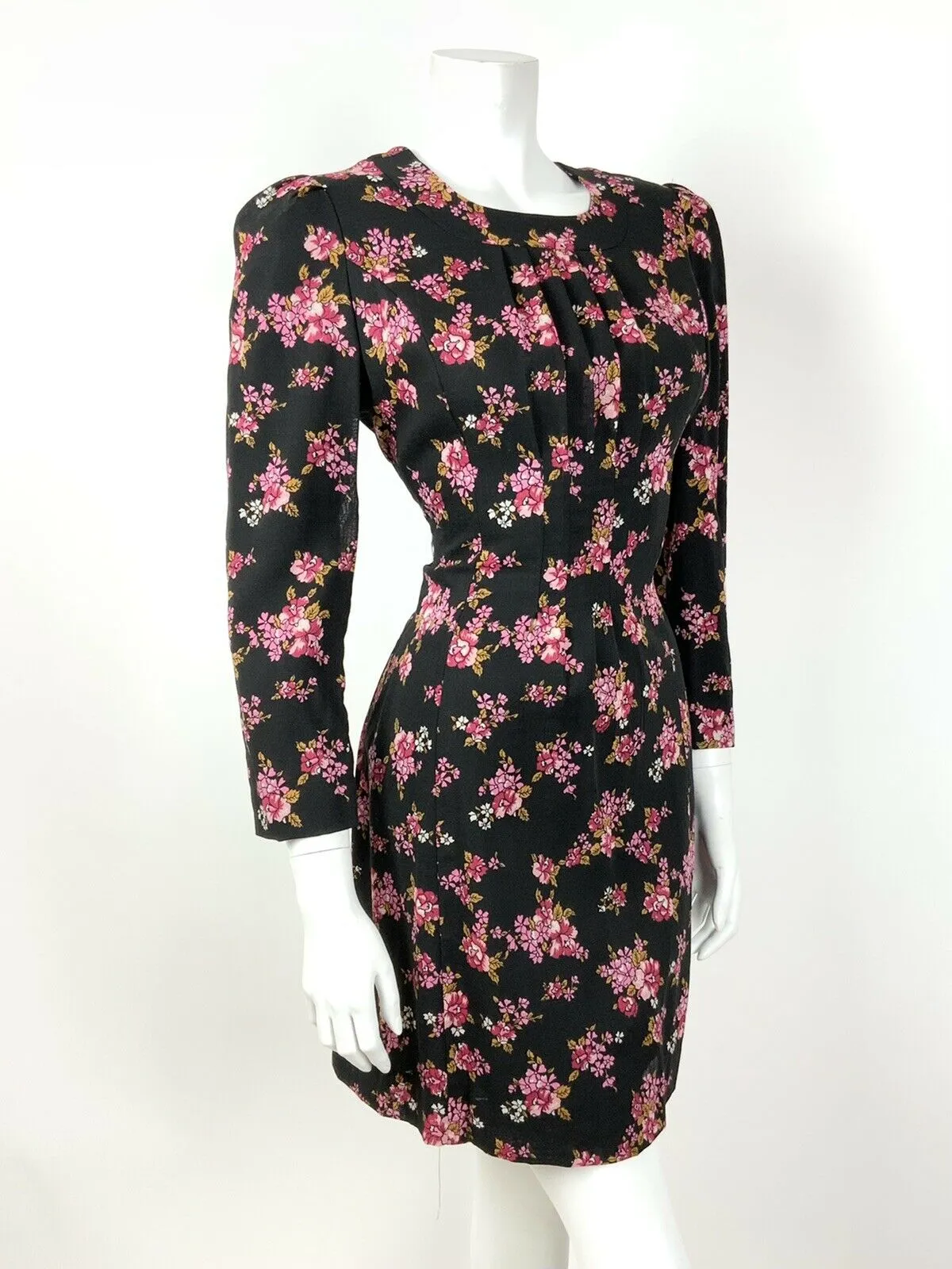 VINTAGE 60s 70s BLACK PINK GOLD FLORAL ROSE PLEATED SHORT DRESS 12 14