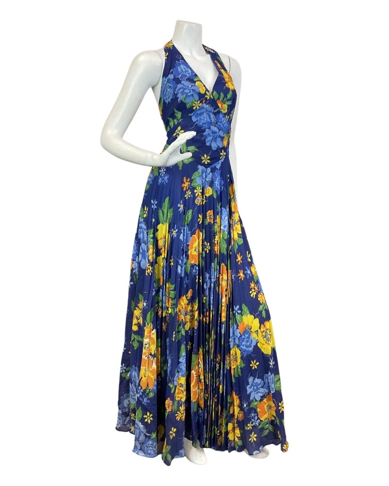 VINTAGE 60s 70s BLUE ORANGE YELLOW FLORAL ROSE HALTER SUMMER MAXI DRESS 8