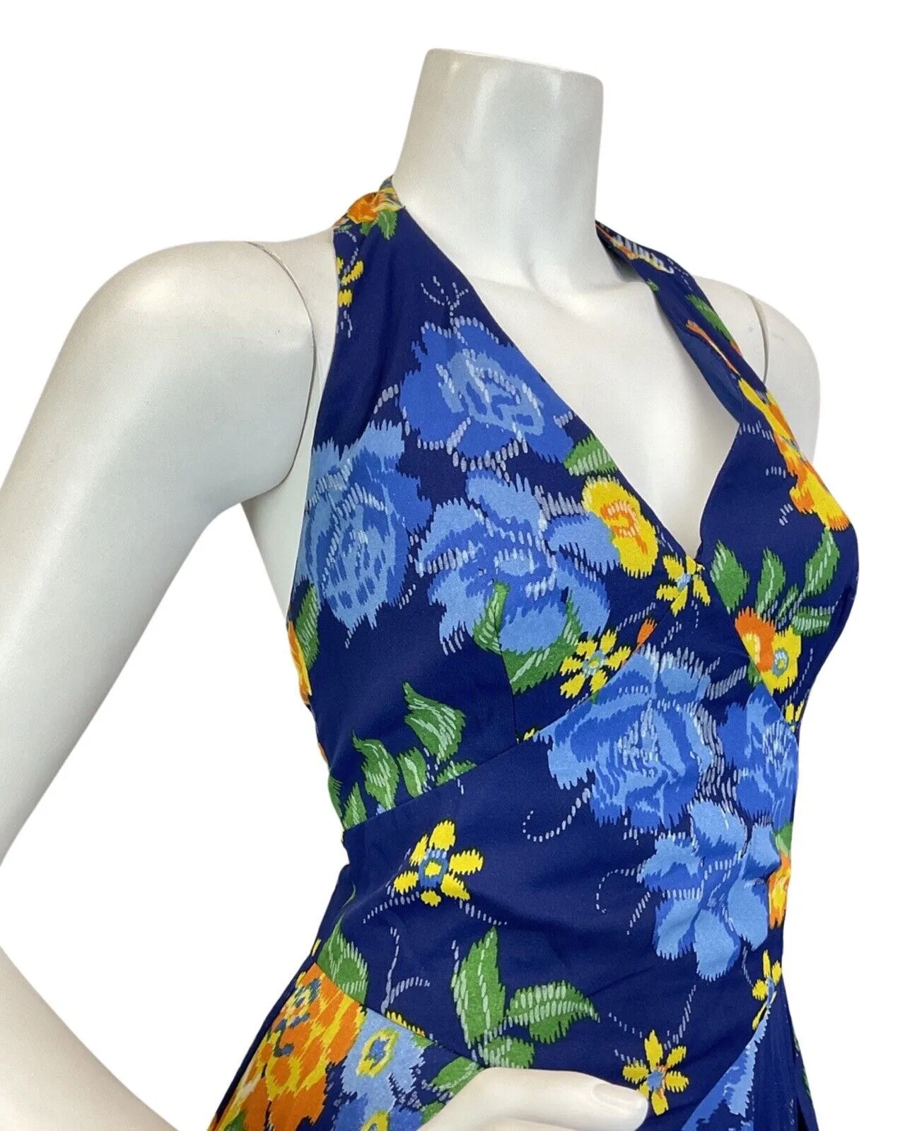 VINTAGE 60s 70s BLUE ORANGE YELLOW FLORAL ROSE HALTER SUMMER MAXI DRESS 8