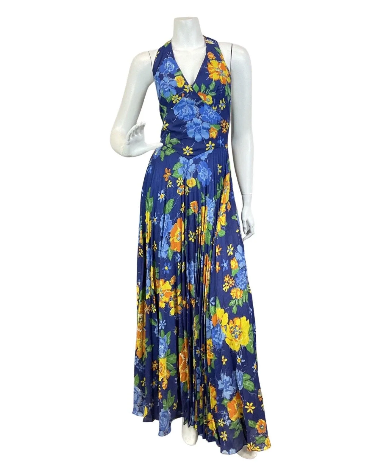 VINTAGE 60s 70s BLUE ORANGE YELLOW FLORAL ROSE HALTER SUMMER MAXI DRESS 8