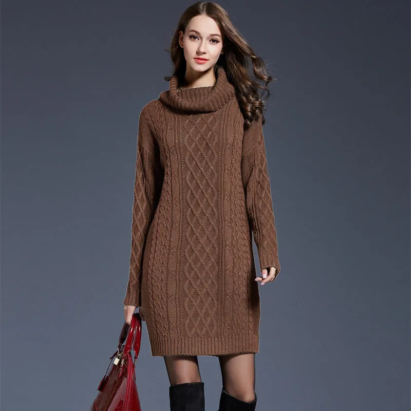 Women's Cable Knit Turtleneck Jumper Dress