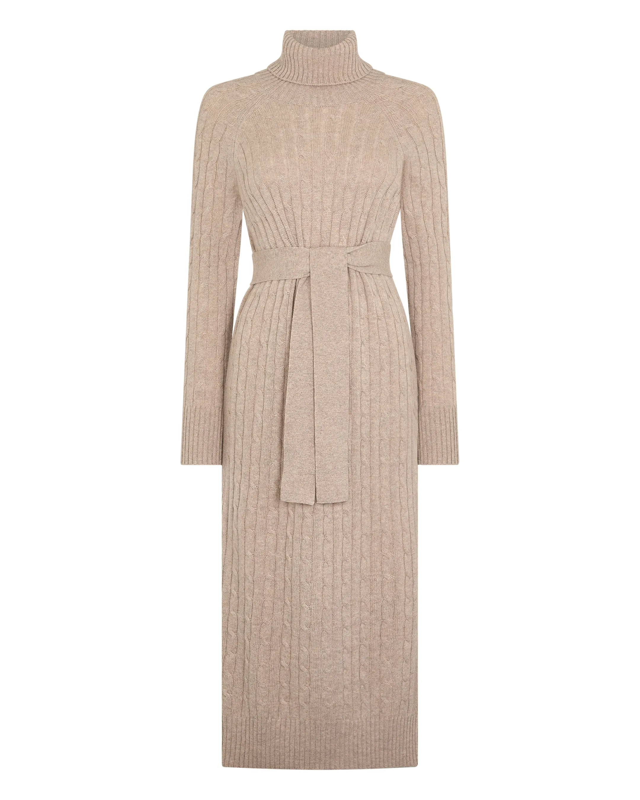 Women's Longline Cable Cashmere Dress Oatmeal Brown