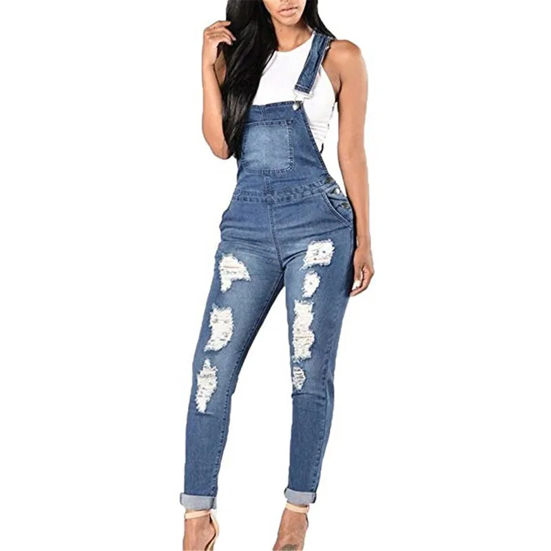 Women's Overalls Ripped Jeans Denim Trousers Skinny Jumpsuits