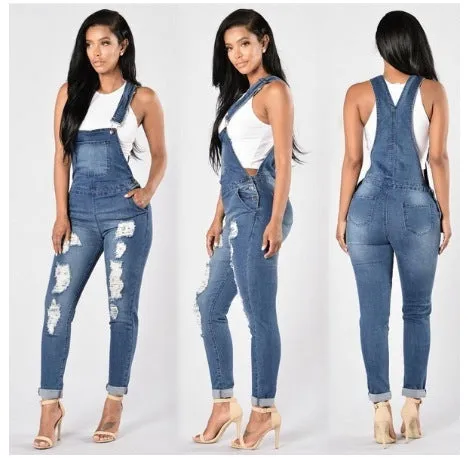 Women's Overalls Ripped Jeans Denim Trousers Skinny Jumpsuits