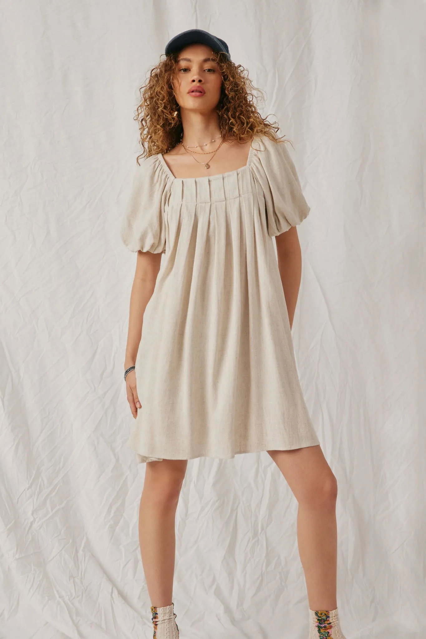 Womens Puff Sleeve Box Pleat Detail Square Neck Dress