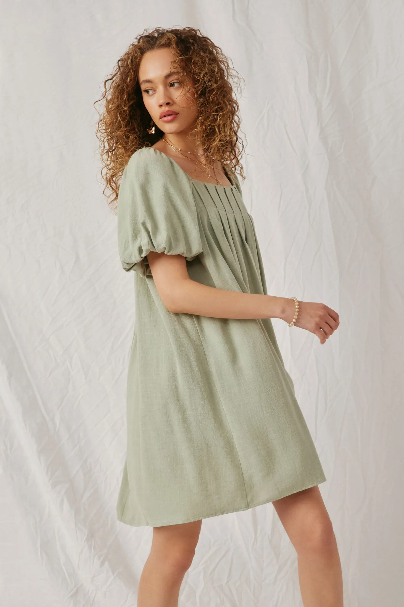 Womens Puff Sleeve Box Pleat Detail Square Neck Dress