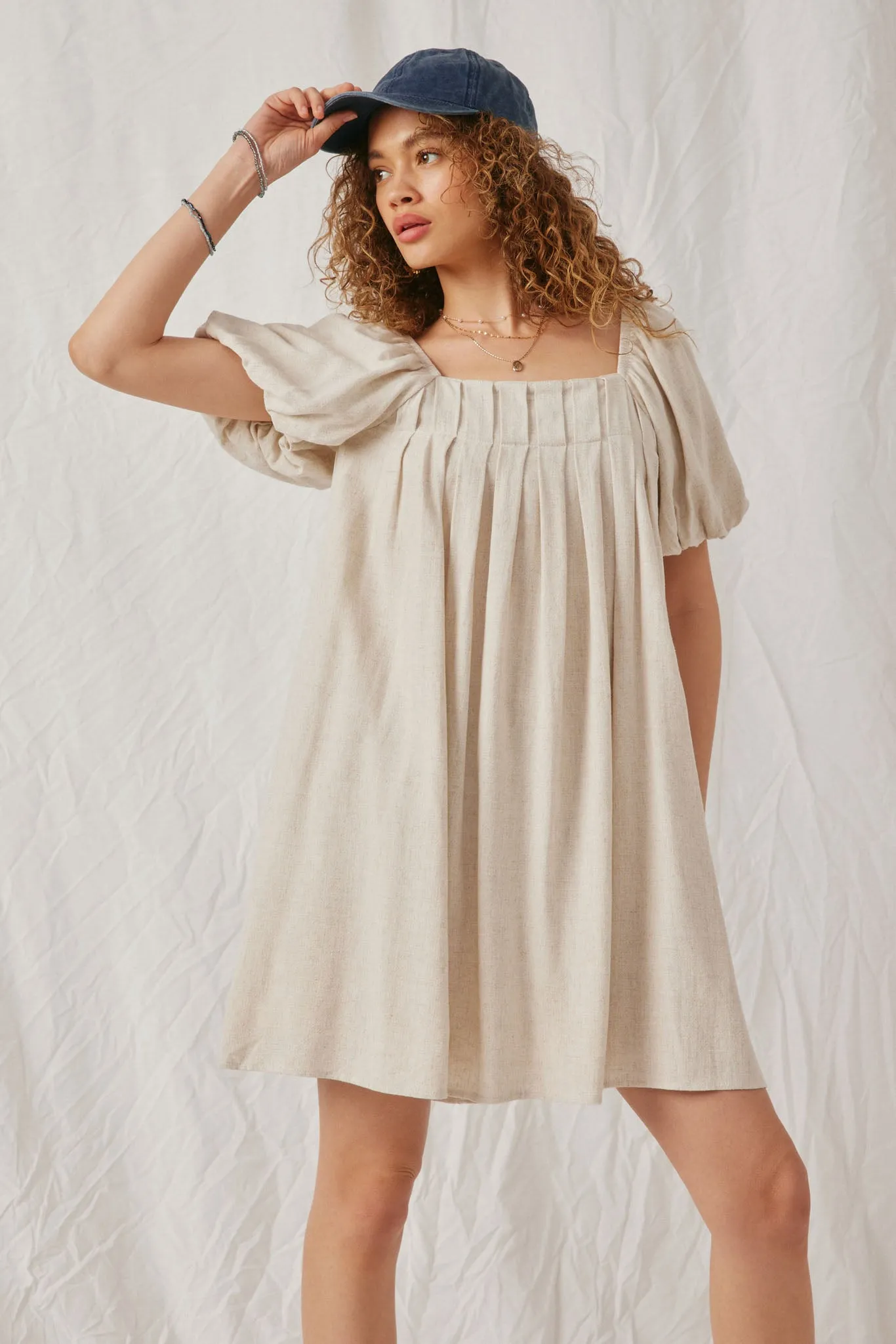 Womens Puff Sleeve Box Pleat Detail Square Neck Dress