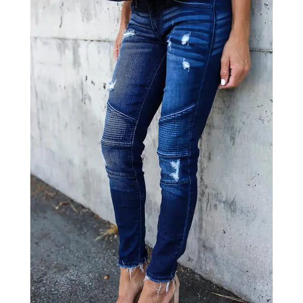 Women's Ripped Jeans Pencil Pants Mid Waist Skinny Denim Trousers